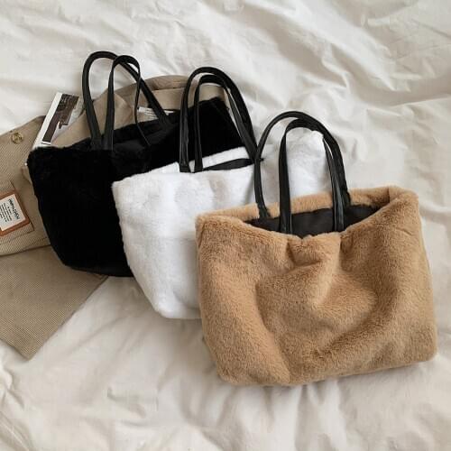 Casual Women Hit Color Shoulder Bags Autumn Winter Fluffy Plush Top-handle Bag Fashion Big Capacity Commuter Totes