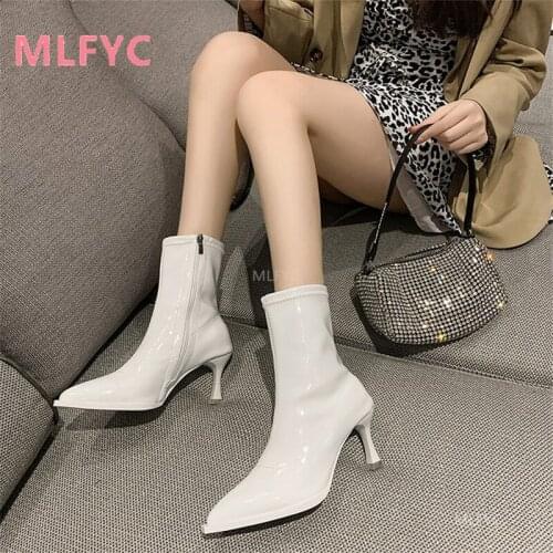 Thin-heeled pointed toe fried street short boots womens fall 2021 new mid-heeled thin fashion stretch boots