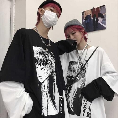 Harajuku T-shirt Women Fake 2 Pieces Print Japanese Fujiang Horror Comics Long Sleeve Shirt Women Vetement Femme 2020