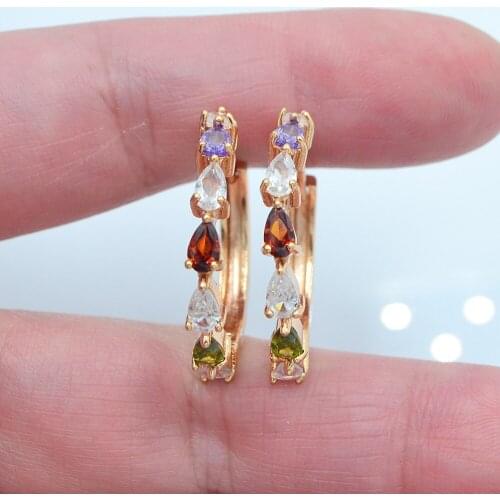Gold Color Women Fashion Multicolor Teardrop Cubic Zirconia CZ Huggie Hoop Earrings Jewelry