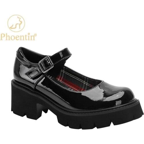 Phoentin 2021 New Mary Janes Shoes Round Toe high heels Thick Women Shoes Lolita Patent Leather Black Buckle Pumps FT1395