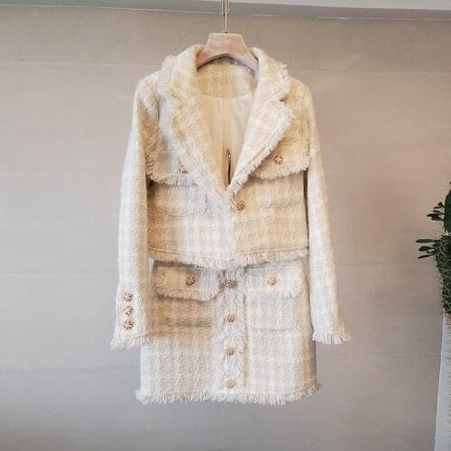 Two Piece Set Women 2020 Winte New Lapel Fringed Long Sleeve Elegant White Tweed Suit + Skirt Ladies Fashion Sweet Suit Women
