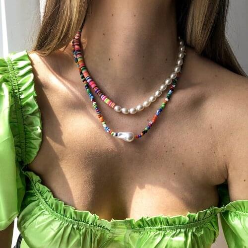 Lalynnly Trendy Bead Strand Colorful Beaded Choker Pearl Necklace Collar Bohemian Handmade Female Jewelry Accessories N8423