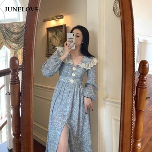 JuneLove Women Floral Split Dress Lace Stitch Peter Pan Collar Long Sleeve Female Dress Sexy Backless Holiday Print Vestidos