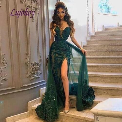Emerald Green Long Lace Evening Dresses Party Mermaid Plus Size Women Ladies Detachable Skirt Prom Formal Evening Gowns Dresses
