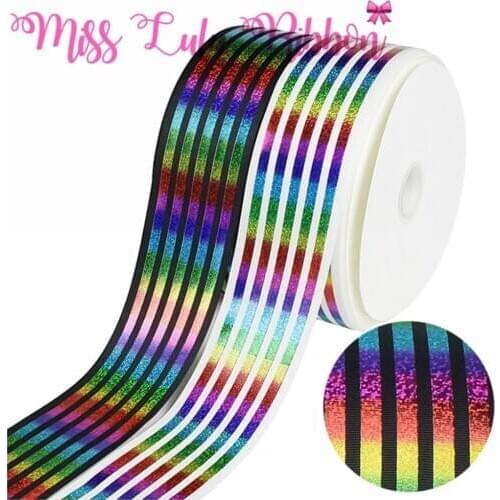 3"75mm Rainbow Hologram Foil Stripes Printed Solid Grosgrain Ribbon DIY Gift Bowknots Hair Band Making 50yards/roll
