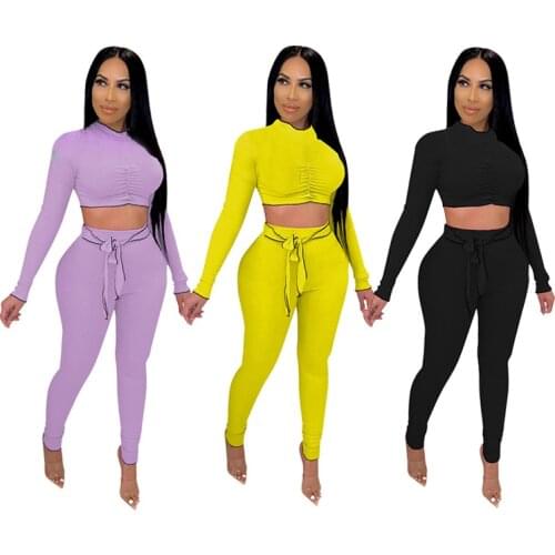 81Y8012 Autumn Winter Women Casual Home Solid Skinny Navel Sports Two Piece Set Top and Pants Tracksuit Sweatsuit Outfits