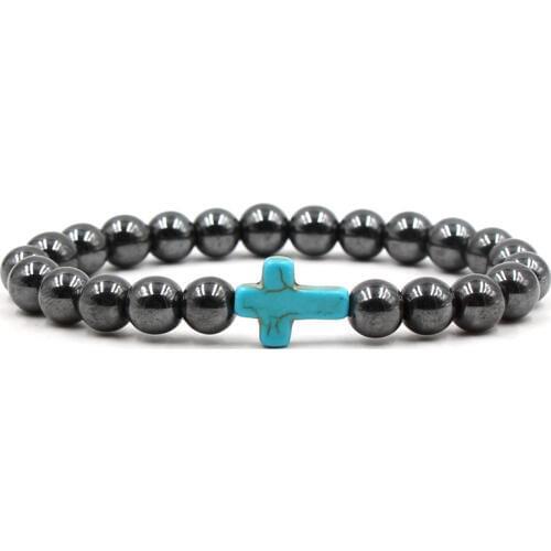 9Colors 8mm Black Hematite Non-magnetic Stone Beads Bracelet Natural Cross Stone Charms Elastic Bracelet Men Stretch Jewelry