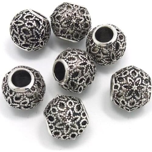 Free shipping new brand 50pcs 11mm antique silver plated round big hole alloy beads fit European bracelet DIY