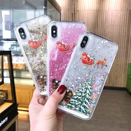 Dynamic Liquid Quicksand Christmas Phone Case For iPhone 11 Pro Max XR X XS Max 7 8 6 6S Plus Bling Transparent Hard Back Cover