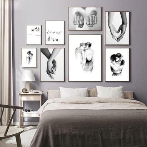 Black White Romantic Hand In Hand Canvas Painting Love Quotes Wall Art Poster Print Fashion Picture Couples Lovers Room Decor