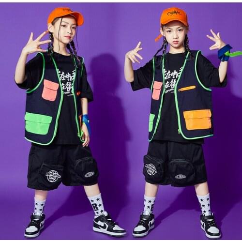 Childrens Street Dance Costume Summer Short Sleeved Hip Hop Suit Black Vest Drum Show Stage Clothes Girls Jazz Outfit BL6418