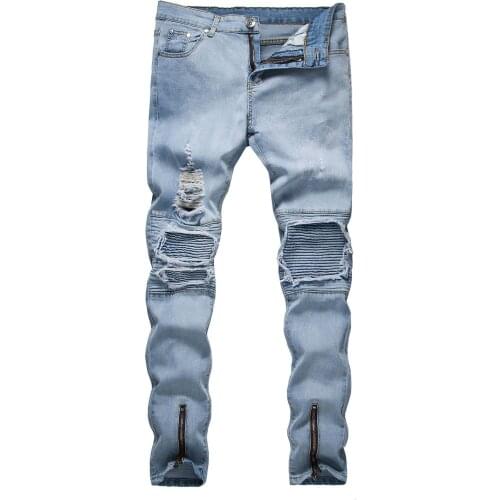Men jeans British fashion spring and summer new men hole motorcycle jeans solid color mid waist zipper denim pants