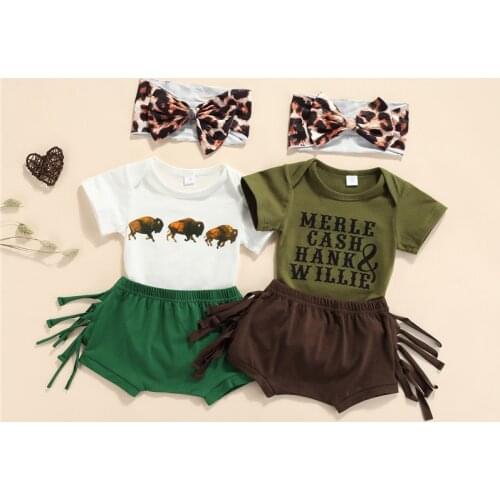 3pcs Summer Toddler Newborn Baby Girls Boys Clothes Sets Letter Printed Short Sleeve Romper Tassel Shorts Headband Outfits 0-18M