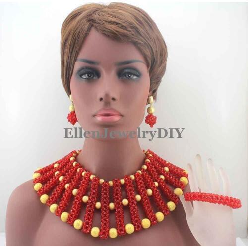 Chunky Big Red African Bride Jewelry Set Nigerian Wedding Party Crystal Beads Statement Necklace Set Free Shipping W13080