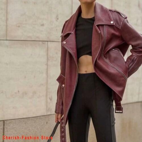 Brand PU Faux Leather Jacket Women Loose Sashes Casual Biker Jackets Outwear Female Tops BF Style Black Leather Jacket Coat