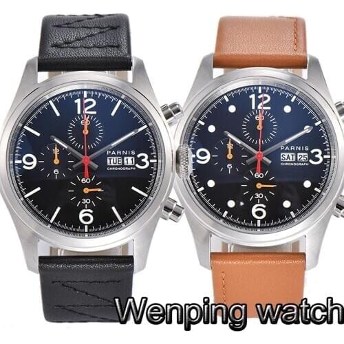 Parnis 42mm New Quartz Chronograph Watch Black Dial Date Luminous Leather Strap Mens Full-Function Chronograph Watch