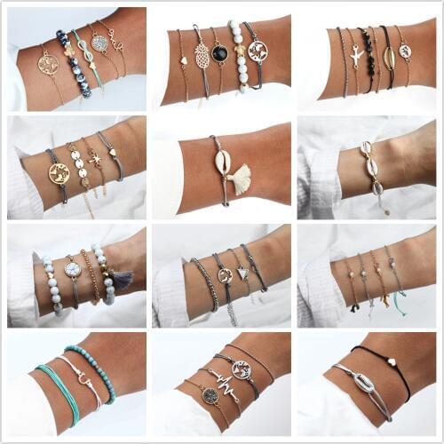 Bohemian Style Bracelet Set Boho Charm Pulseras Simple Natural Stone Bracelet For Women Love Chain Summer Shell Bracelet Set