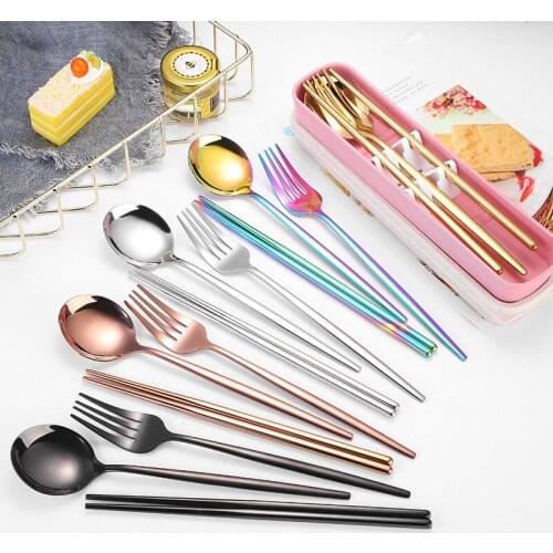 Stainless steel spoon chopsticks fork three-piece set portable round spoon chopsticks set gold-plated fork spoon gift cutlery