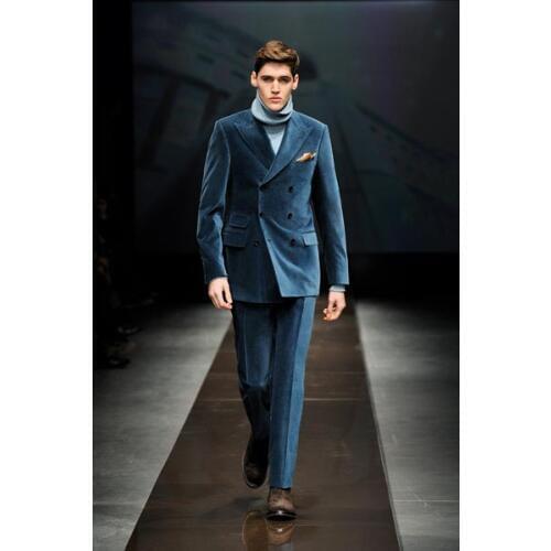 Latest Coat Pant Designs Navy Blue Velvet Double Breasted Men Suit Slim Fit Skinny 2 Piece Fashion Suits Tuxedo Custom Vestidos