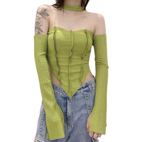 2021 new Womens Autumn New One-shoulder long-sleeved t-shirt Sexy fashion wrapped chest personalized design top