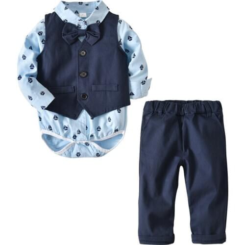 Baby Boys 9M-2Y Spring Long Sleeve Shirt & Long Pant & Vest Fashion Bebes Clothing Set Gentleman Triangle Shirt Rompers Suits