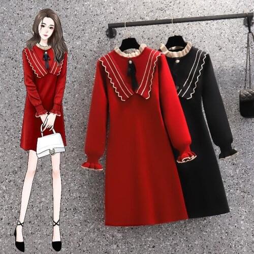 EHQAXIN Autumn Winter Womens Knitted Dresses 2021 Fashion Elegant Bowknot Wood Ear Stitching A-Shaped High Waist Dress L-4XL