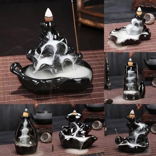 Incense Waterfall Holder Back flow Incense Burner Ceramic Lotus Smoke Fountain Incense Falls Home Room Desk Zen Decor
