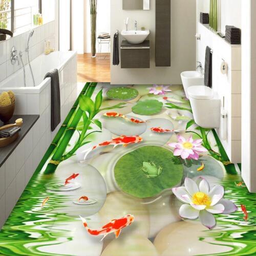 Custom Photo Wall Paper Chinese Style Goldfish Pebbles Bamboo Lotus Frog 3D Floor Tiles Mural Wallpaper Living Room PVC Sticker