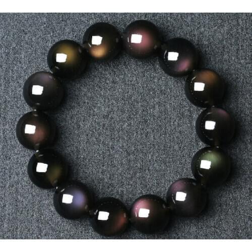 Natural Black Obsidian Rainbow Gemstone Round Beads Stretch Bracelet AAAA 14 mm