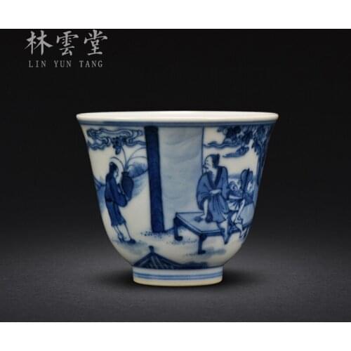Hand painted figure Lotus Blue and white porcelain Master Cup single cup Jingdezhen handmade ceramic kungfu tea cup