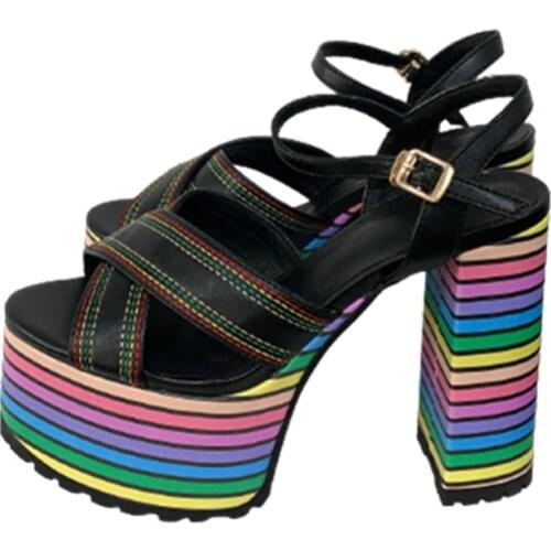 Rainbow Platform Sandals For Women Summer Shoes Peep Toe Thick Heel Gladiator Sandals For Women Sexy Party High Heels Sandals