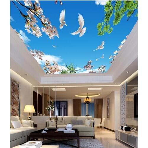 Blue Sky White Cloud Flower Branch Green Leaf Ceiling Mural 3d ceiling murals wallpaper
