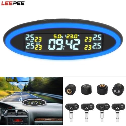 LEEPEE 4 Sensors Car TPMS Digital Clock LED Atmosphere Light Tire Pressure Monitoring System USB ACC OBD Mini Charger