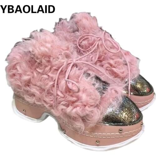 Real Wool Round-toe Sponge Cake Thick-soled Old Shoes for Fall/winter New Color Matching Rivets Plus Velvet Lace-up Plush Shoes