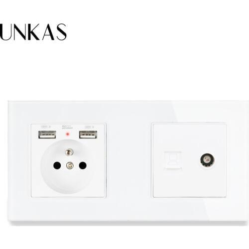 UNKAS Glass Panel French Standard Electric Socket With Dual USB Port + RJ45 Internet Computer Connector Female TV Jack