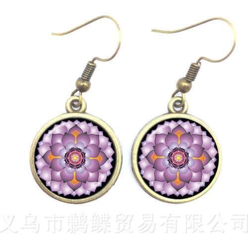 Glass Cabochon Drop Earrings Mandala Lotus Earrings Om Symbol Buddhism Zen 1 Pair Henna Yoga Earring Jewelry For Women