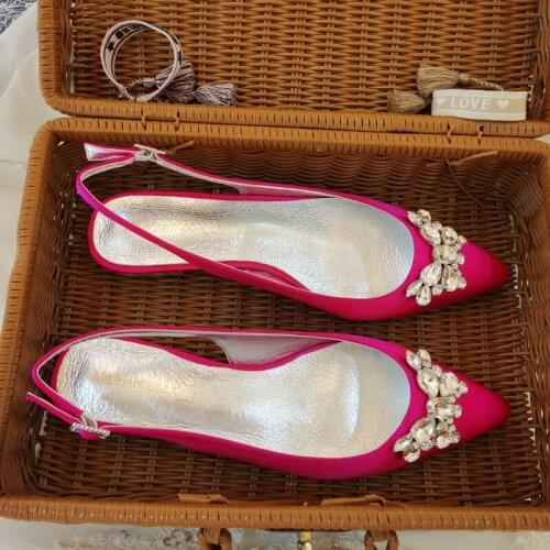 Rhinestones Women Wedding Flats Satin Pointed Toe Evening Party Flat Shoes Slip On Slingback Bride Guest Reception Shoes