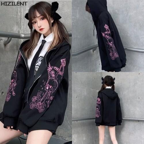 Punk Skull Graphic Print Zip-up Hooded Hoodie vintage Black Oversize Coat Sweatshirt Y2K Streetwear clothes Grunge jacket top