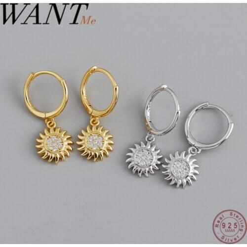 WANTME Real 925 Sterling Silver Round Zircon Sunflower Stud Earrings for Womem Rock Punk Piercing Spain Trend Summer Jewelry