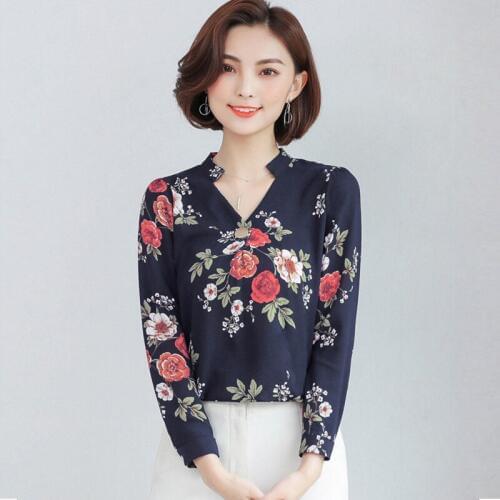 Spring New Chiffon Shirt Office Ladies V-neck Loose Plus Size Blouse Women Long Sleeve Printing Casual Korean Work Tops H9142