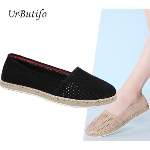 UrButifo Plus Size 36-42 Women Cut Out Leather Shoes Woman Flat Cow Suede Round Toe Casual Fashion Ladies Loafer Buty Damskie