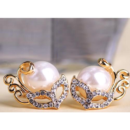 Blucome Clearance Crystal Mask Shape Stud Earrings Simulated Pearl Small Earrings For Women Girls Dance Party Ear Accessories