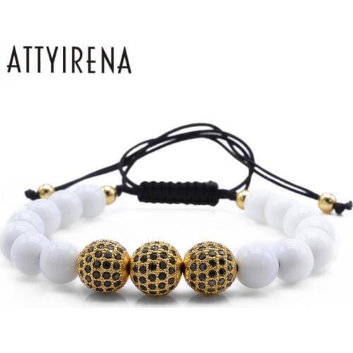 8mm Natural White Round Stone Beads Bracelet for Women Pave Black CZ Beads Brading Macrame Bracelets High Grade Woman Jewelry