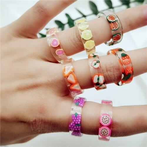 Korean Fashion Fresh Fruits Transparent Resin Acrylic Ring For Women Girls New Design Strawberry Lemon Finger Jewelry Gifts