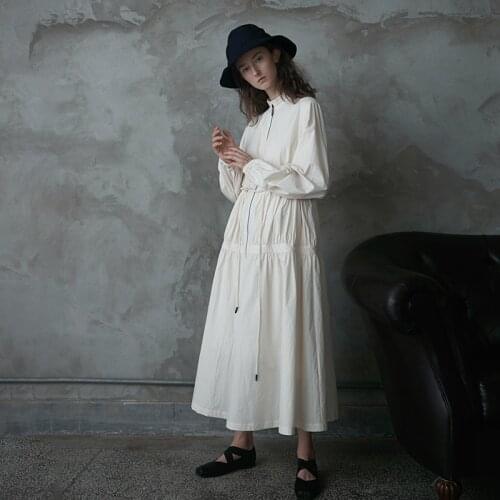 IRINAW143 NEW ARRIVAL 2018 ruched collar long sleeve maxi loose vintage two way zipper cotton trench dress women