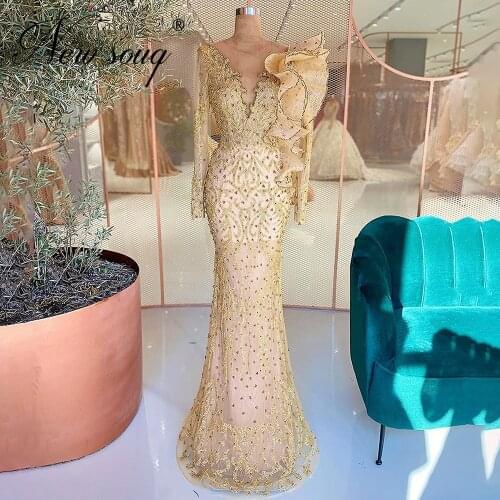 Modest Dubai Full Beaded Evening Party Dress New Arrival Mermaid Formal Arabic Evening Wear Robe De Soiree Long Prom Dresses