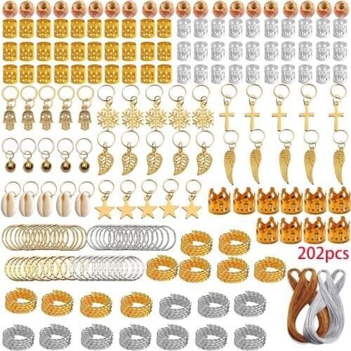 202 Pieces Dreadlocks Metal Hair Cuffs Coil Wooden Beads Jewelry Decoration Accessories Set with Metallic Cord for Braiding Pend