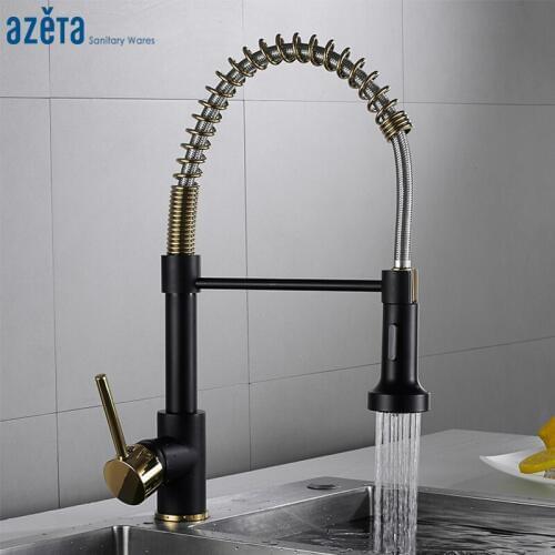 Azeta Single Lever Pull Out Kitchen Faucet Black Gold Brass Kitchen Sink Taps 360 Rotation Sprayer Nozzle Kitchen Mixer AT9804BG