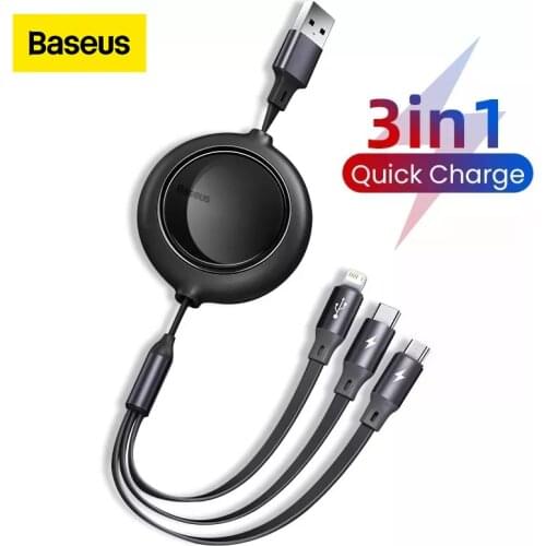 Baseus 3 in 1 USB C Cable for iPhone 12 Pro Max Fast Charging for Samsung Huawei USB Type C Cable Retractable Data Wire Cable